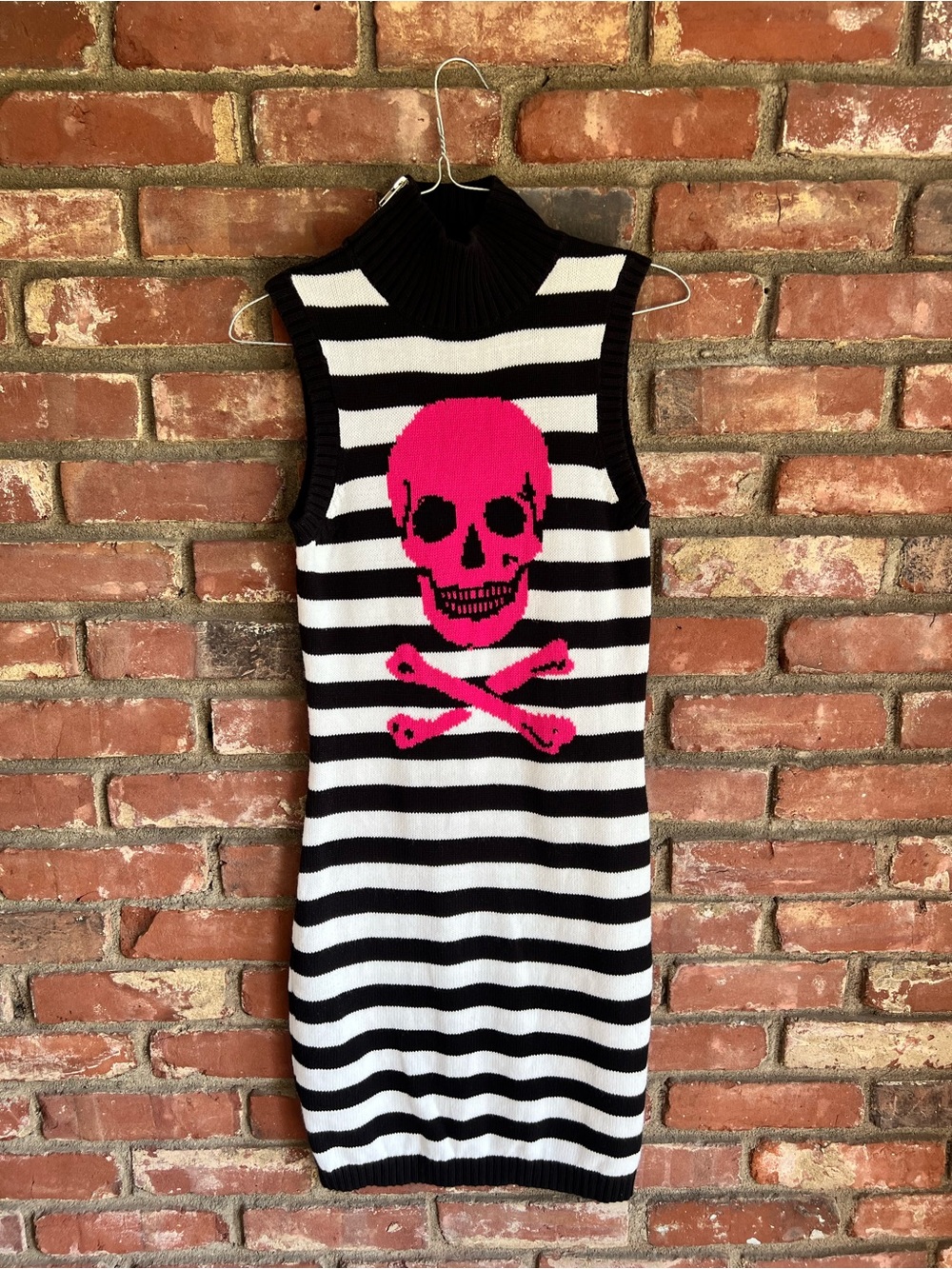 Betsey Johnson Black & White Striped Knit Dress with Hot Pink Skull
